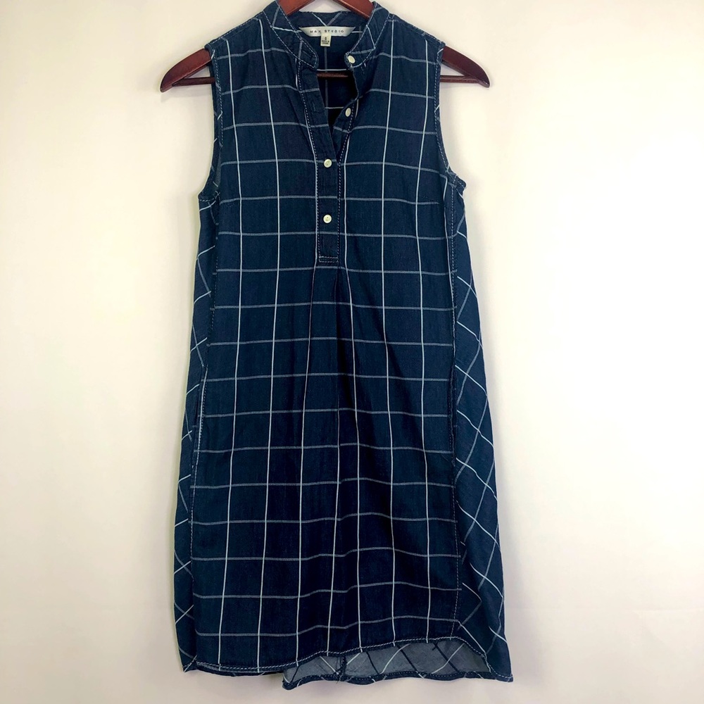 Max Studio Gingham Mini Dress Small Blue Pockets Breathable Sleeveless Summer